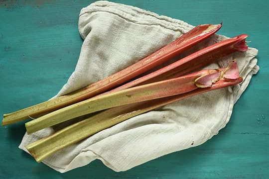 Three long stalks of pink and green rhubarb on a towel sitting on a painted green board.