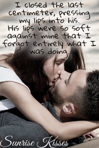 black and white photo of man and woman kissing on beach. Book quote: I closed the last centimeter, pressing my lips into his. His lips were so soft against mine that I forgot entirely what I was doing.