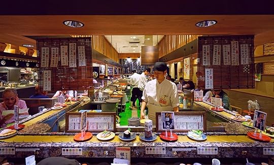 Inside view of a kaitenzushi conveyor belt sushi restaurant in Sapporo