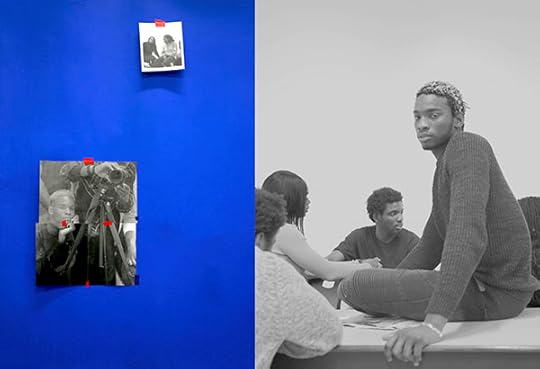 Diptych of black and white photographs, one side on a blue panel