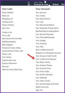 Screenshot showing Amazon menu with an arrow pointing to Your Content and Devices