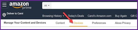 Amazon's page for managing content, with an arrow pointing to Devices