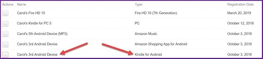 Amazon list of devices with arrows pointing to the name and the type