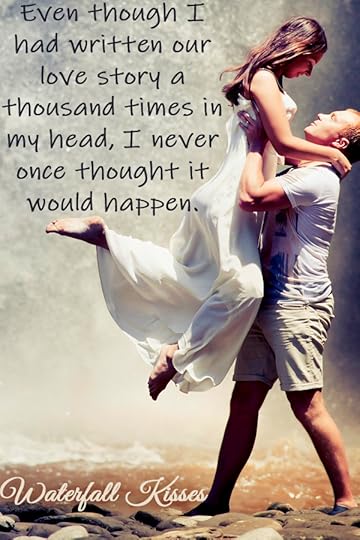 Man holding up woman in front of waterfall. Her skirt is billowing in the wind. Book quote beside it 