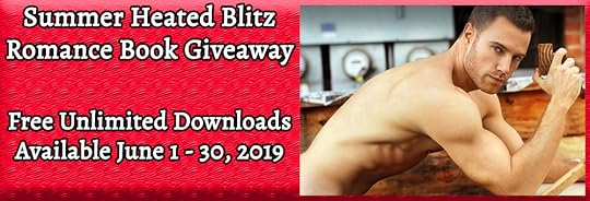 Shirtless muscular guy leaning over a table drinking coffee. Text: Summer Heated Blitz Romance Book Giveaway, Free Unlimited Downloads Available June 1-30, 2019