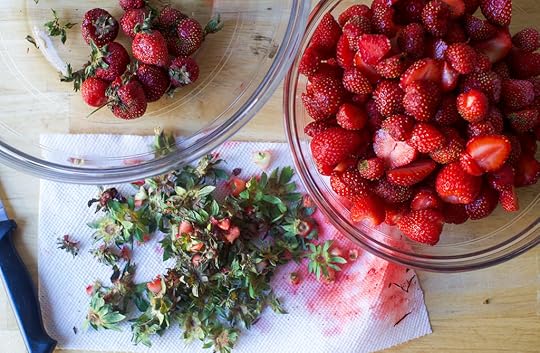 prepping strawberries