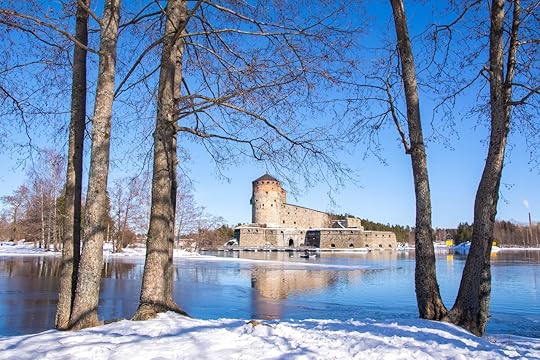 View to Olavinlinna Castle and lake from the shore, Savonlinna, Finland