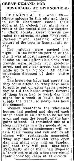 Image of 1909 newspaper clipping about the effect on Springfield of the 1909 dry vote in Clark County.