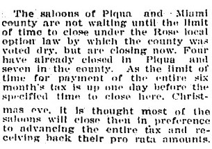 News report excerpt about Miami County saloons closing in 1908 as a result of dry vote.