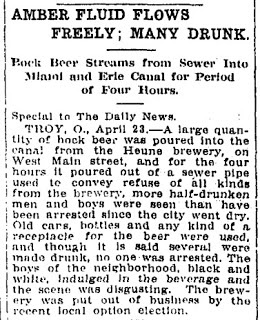 News clipping about Henne Brewery in Troy dumping beer in 1909 as a result of county dry vote.