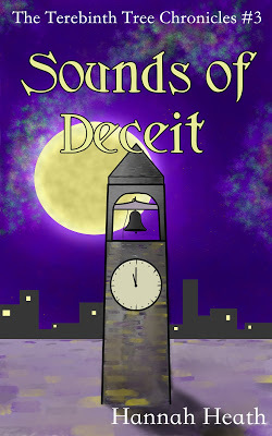 Book cover for Sounds of Deceit: A bell tower against a purple night sky and a glowing yellow moon.