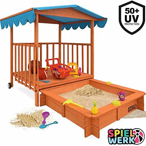 Spielwerk Bac à Sable Bois Massif Toit Bleu Pare Soleil 225x130x143cm Protection UV50 véranda Jeu cabane Enfant Jardin 2 Roues