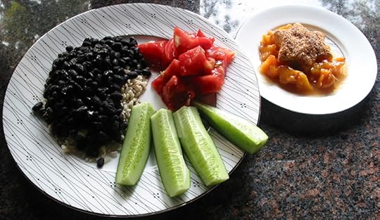 Cuban Black Beans on brown rice with peach cobbler