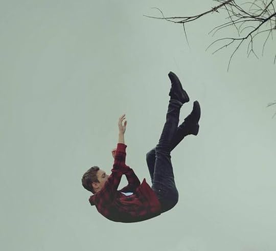 Photo of a boy falling through the air with a tree branch in the upper righthand corner.