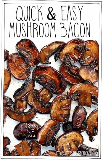 Mushroom bacon is so quick and easy to make! Just 5 ingredients and toss it in a skillet to fry up smoky, chewy, salty, mouthwatering vegan and vegetarian friendly bacon. Use as a topping on soups, salads, sandwiches, pasta, pizza, or serve it with tofu scramble for a vegan breakfast. #itdoesnttastelikechicken #veganbacon #vegan