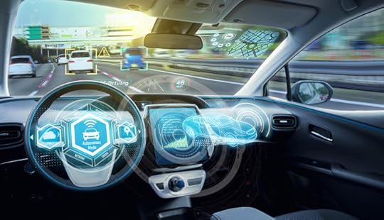 Empty cockpit of autonomous car, HUD(Head Up Display) and digital speedometer. self-driving vehicle.