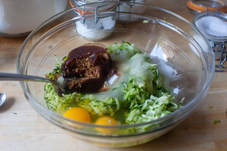 pile in the eggs, oil, sugars, vanilla, salt