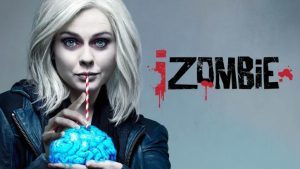 Liv Moore from izombie using a straw to drink from a blue brain.