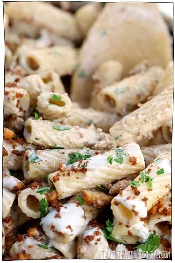 Vegan Chorizo Garlic Cream Pasta! Chewy flavour-packed easy homemade vegan tofu chorizo, paired with a 5-minute dairy-free garlic cream sauce, all tossed together with hot pasta. Yes, yes, and more yes!!! Easy to make and even easier to eat. #itdoesnttastelikechicken #veganrecipes #veganpasta