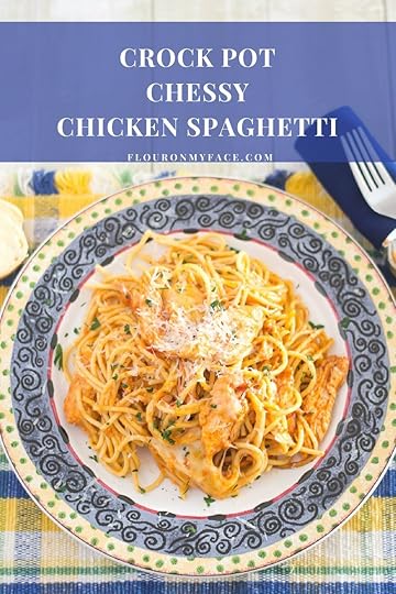 Crock Pot Cheesy Chicken Spaghetti recipe via flouronmyface.com