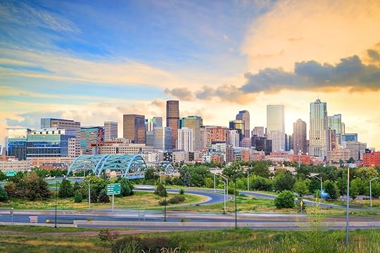 Panorama of Denver skyline long exposure at twilight
