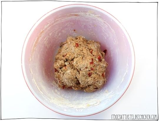 Make the simple seitan sausage dough, but don't over-knead it or your sausages will become too tough.