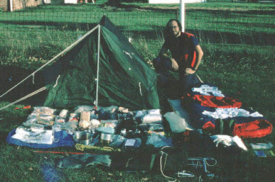 Photo of Tim Gaffney with backpacking gear in late 1974.