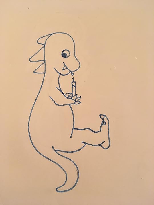 Dragon in blue ink with feet sticking out holding candle trying to light it