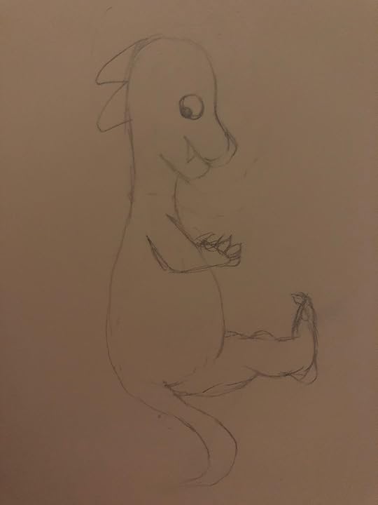 Little dragon sitting on its bottom with its feet sticking out in pencil