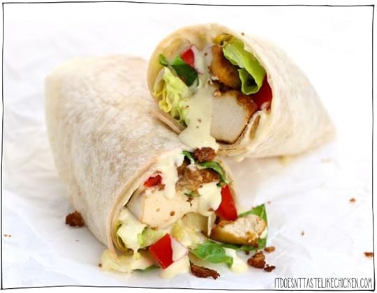 Vegan Tofu Caesar Wraps! You can make the tofu and dressing ahead of time so these wraps can be super quick to prepare, perfect for bringing to work, school, for an easy lunch or weeknight meal. Oil-free option #itdoesnttastelikechicken #veganrecipes #lunch