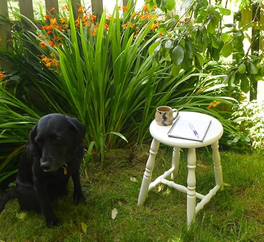 Hound, coffee, notebook