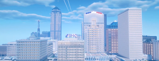 Screenshot from the ProjectDSM Minecraft recreation of downtown Des Moines, Iowa.