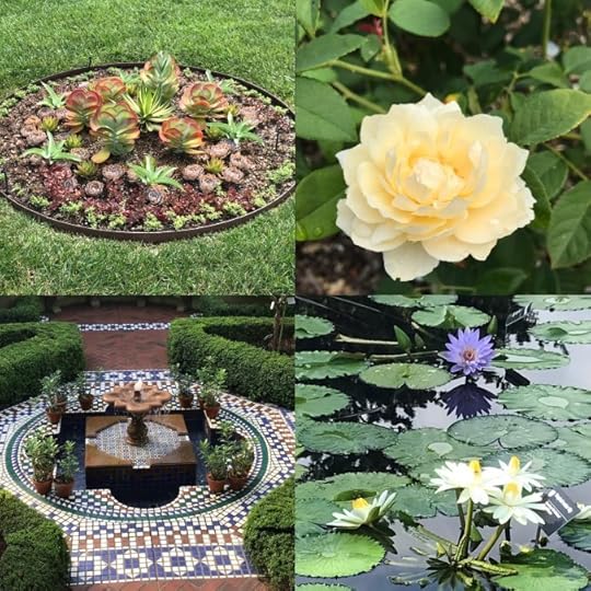 Botanical garden pictures, fountains, hedge mazes, flowers.