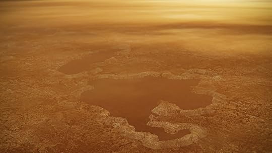 Concepto artístico de un lago en el polo norte de Titán, con bordes elevados y la características parecidas a una muralla, como las vistas por la nave espacial Cassini de la NASA alrededor del Lago Winnipeg de la luna. Crédito de la imagen: NASA/JPL-Caltech
