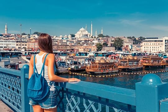 tourist on Galata bridge, Golden Horn bay, Istanbul