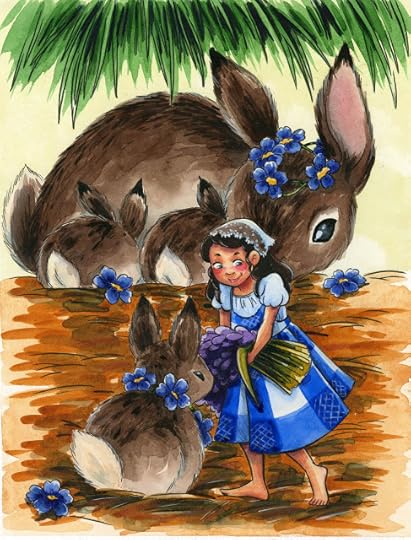 Girl feeding rabbits, brushpen and watercolor on Stonehenge Aqua Hotpress watercolor paper