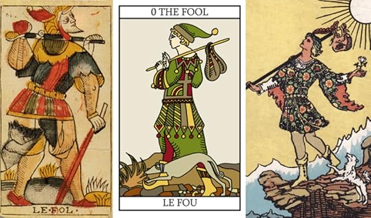 The fool cards from the Dodal Tarot, Karyn Easton Tarot, and Rider-Waite Tarot.