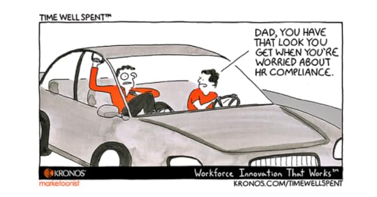 Kronos cartoon new driver teen with frightened Dad who looks like he does when thinking about HR compliance