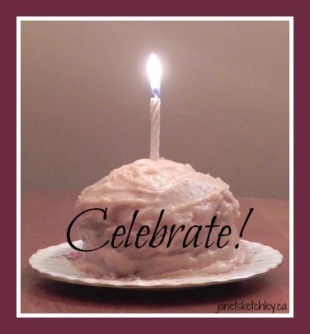 Cake with candle and caption: celebrate!