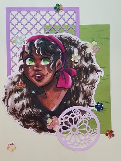 Bust of a cute girl rendered in marker with mixed media elements.