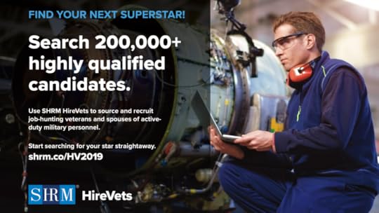 SHRM HireVets software showing military veteran maintenance worker and promo for hiring veterans