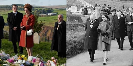Olivia Colman with the mayor in the crown, left (Netflix); the Queen with the Aberfan mayor in real life, right (Stan Meagher).