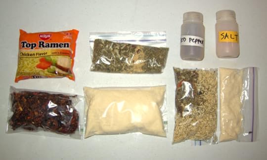 Lower right two bags: individual portion; olive oil not in photo. All other bags: group packaging.