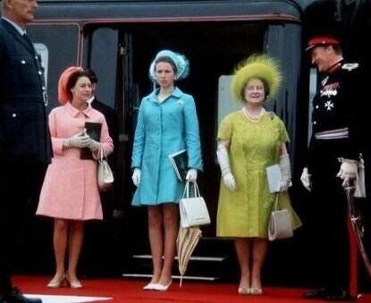 Princess Margaret, Princess Anne, and the Queen Mother Elizabeth at Prince Charles’s investiture as Prince of Wales