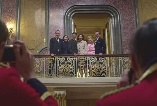 The actors playing the Apollo 11 astronauts and their wives at Buckingham Palace in The Crown.