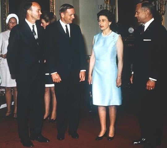 Queen Elizabeth meeting the Apollo 11 astronauts at Buckingham Palace.
