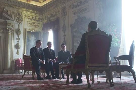 Neil Armstrong (Henry Pettigrew), Buzz Aldrin (Felix Scott) and Michael Collins (Andrew Lee Potts) in a scene with Prince Philip (Tobias Menzies)