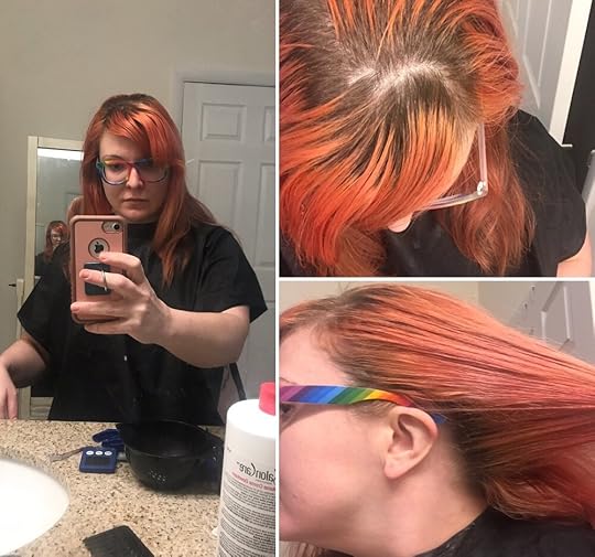 My roots before I bleached them. Yeah, they got super long. I don’t entirely remember which brands I used for the orange, but I know Ion at Home’s Sunrise Orange was the main one; I last dyed my hair orange in mid-October. I did apply Ion’s garnet to my head as well (at the beginning of november) but thought it came out too red-orange, so I let it fade before trying again with a red.