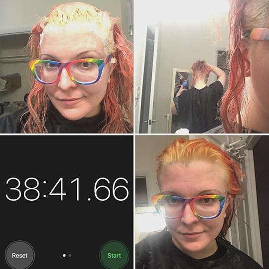 Bleaching your roots results in just super attractive photos, yeah? The timer shows how long it took for me to apply all the bleach + a few minutes to make sure it all processed enough.