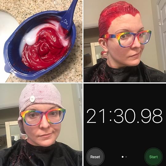 Arctic Fox’s Wrath + conditioner in a mixing bowl. I don’t remember where I got the towel cap at this point; it was probably like the dollar store or target or something? My rainbow glasses are from Zenni. :) The timer shows how long it took me to apply all the color to my hair.